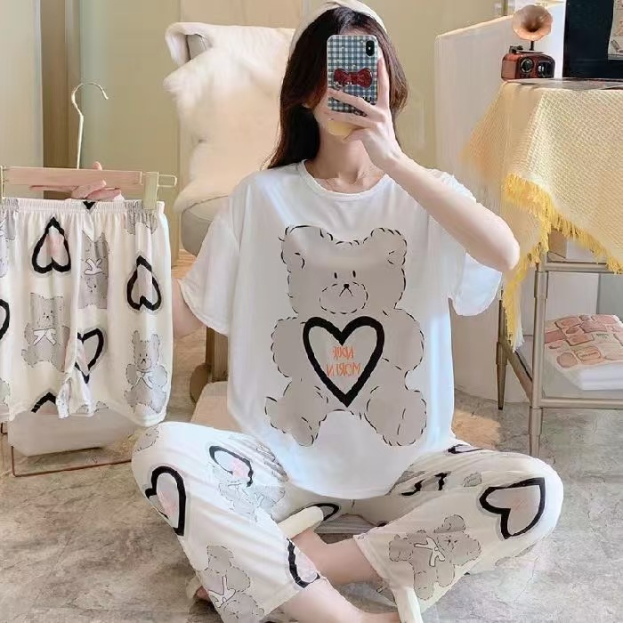 Pijamas de verano transfronterizos pijamas de leche de seda de tres piezas set de dibujos animados comercio exterior ropa para el hogar pantalones de mangas cortas lindos