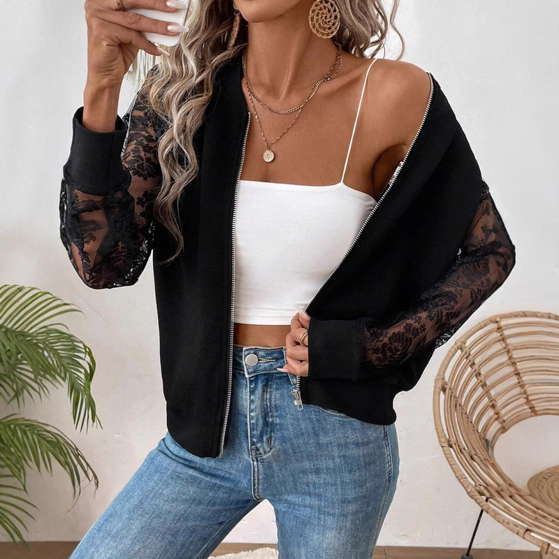 Cross-Border Foreign Trade 2026 Spring New Elegant Women's Lace Patchwork Long-Sleeve Baseball Collar Jacket Top Coat Cross-Border Foreign Trade 2026 Spring New Elegant Women's Lace Patchwork Long-Sleeve Baseball Collar Jacket Top Coat