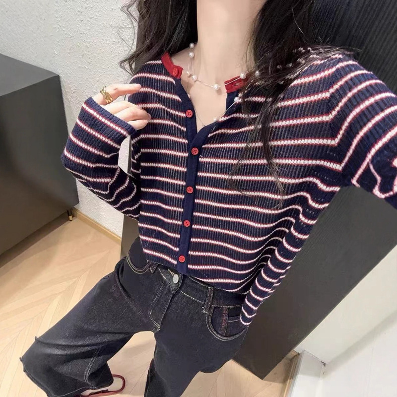 韩单复古时髦羊毛针织开衫宽松条纹圆领长袖显瘦上衣女早秋新T091|undefined