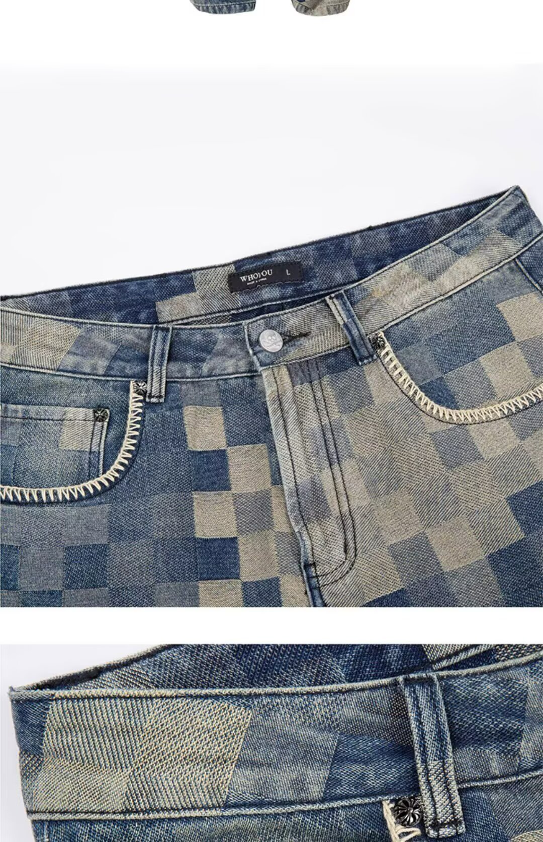 Abbigliamento maschile Jeans a scacchiera a mosaico da uomo Pantaloni lunghi autunnali dritti larghi da strada larghi con personalità_voghion.com
