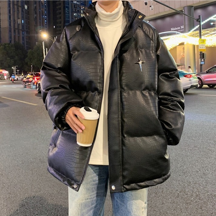 Cross-Border Dropshipping Pu Leather Crocodile Pattern Cotton Jacket for Men 2025 Winter New Stand Collar Puffer Jacket Trendy Brand Thickened Jacket for Men