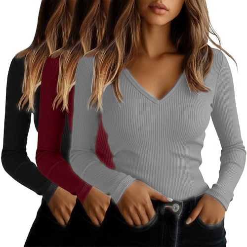 New European and American women's tops, long-sleeved V-neck T-shirts, stylish and slim-fitting, suitable for both inner and outer wear, with soft and comfortable fabric New European and American women's tops, long-sleeved V-neck T-shirts, stylish and slim-fitting, suitable for both inner and outer wear, with soft and comfortable fabric