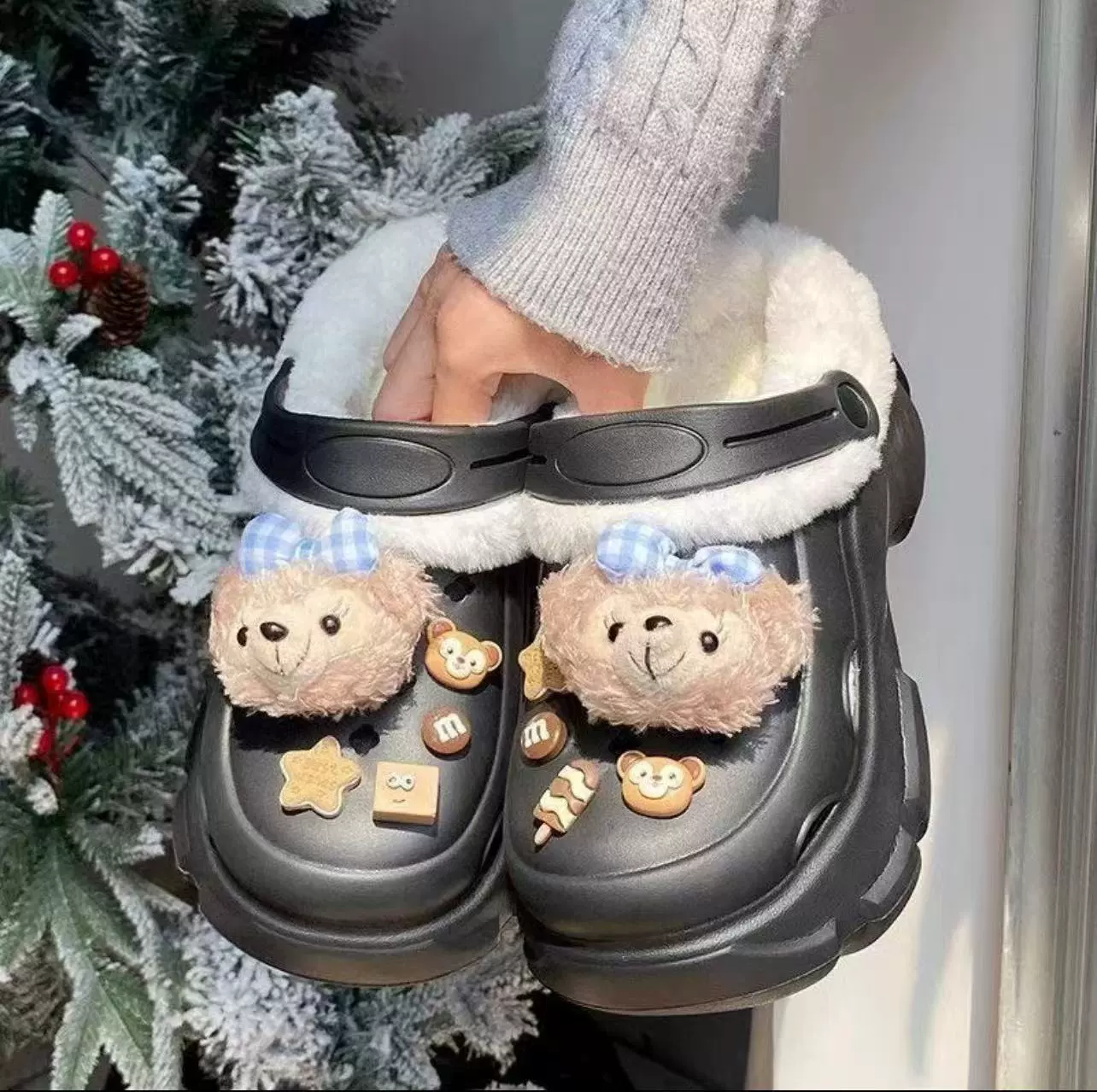 Fleece winter platform ankle clogs, plush‑lined slippers, high chunky sole, sizes 36–41