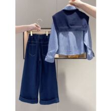 女童条纹衬衫中大童套装春秋装2025新款儿童春款上衣牛仔裤韩系潮