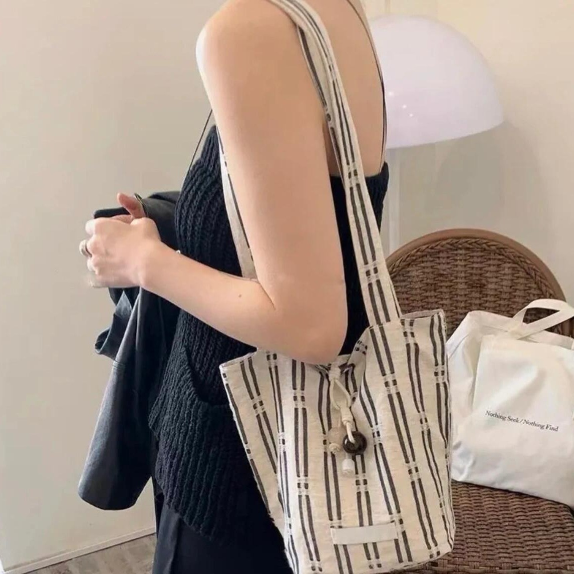 Summer Love Letter Linen Cotton Striped Fresh New Chinese Style Canvas Tote Bucket Bag Shoulder Bag for Outings, Travel, and Class