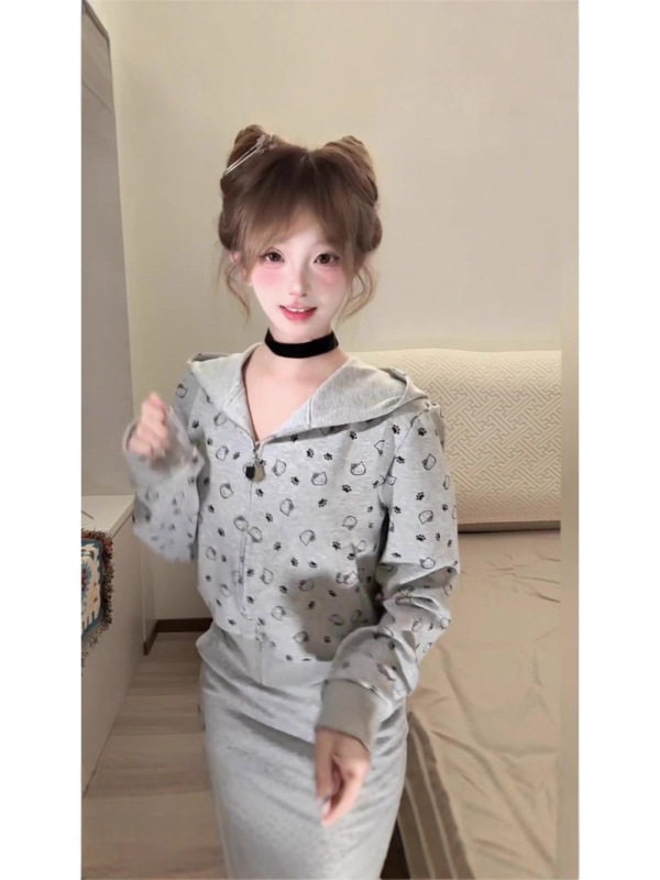 美式复古kitty猫印花灰色连帽卫衣女春秋慵懒百搭短款外套|undefined