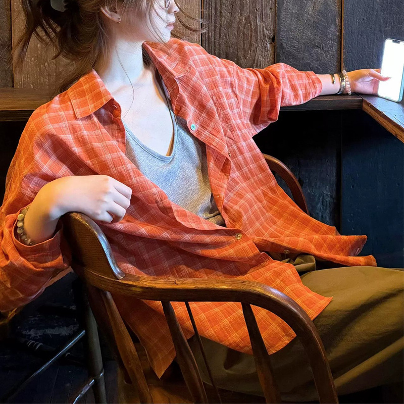 Korean-Style Orange Plaid Sun-Protective Shirt Jacket for Women, Summer Outerwear with a High-End Feel, Loose Fit, Slimming, Fashionable, High-End Top Korean-Style Orange Plaid Sun-Protective Shirt Jacket for Women, Summer Outerwear with a High-End Feel, Loose Fit, Slimming, Fashionable, High-End Top