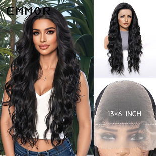Cross-border new 13X6 large area imported silk medium black large wave long curly lace wig full hair type
