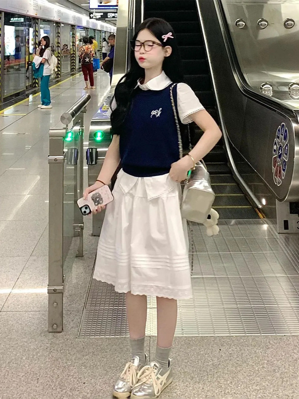 韩系气质休闲运动服套装女夏季2025新款衬衫短袖背心半身裙三件套|undefined