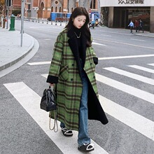 毛呢外套女2025春季新款高档加绒加厚绿色格子羊羔毛两面穿呢大衣