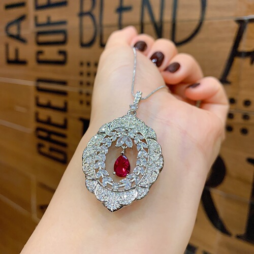 Pearl Life Jewelry Wholesale European and American Women's Fake Ruby Shiny Full Diamond Heavy Setting Pendant Ring Earring Set