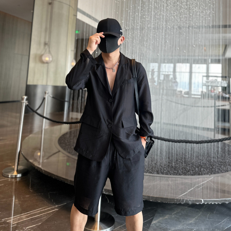 薄手の長袖シャツスーツメンズ夏のファッショントレンドルーズスーツカラーデザインシャツ+クォーターパンツ|undefined