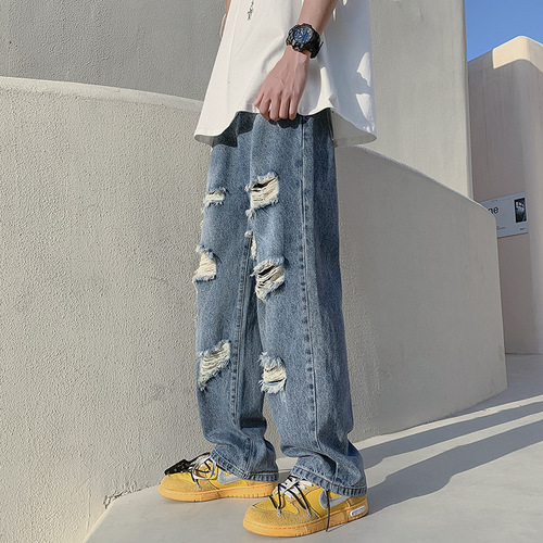 Ripped Denim Jeans for Men, Summer Style—Instagram-Famous High-Street Loose-Fit, Distressed Wide-Leg Pants with a Unique Designer Touch, Perfect for Trendy, Niche Brands