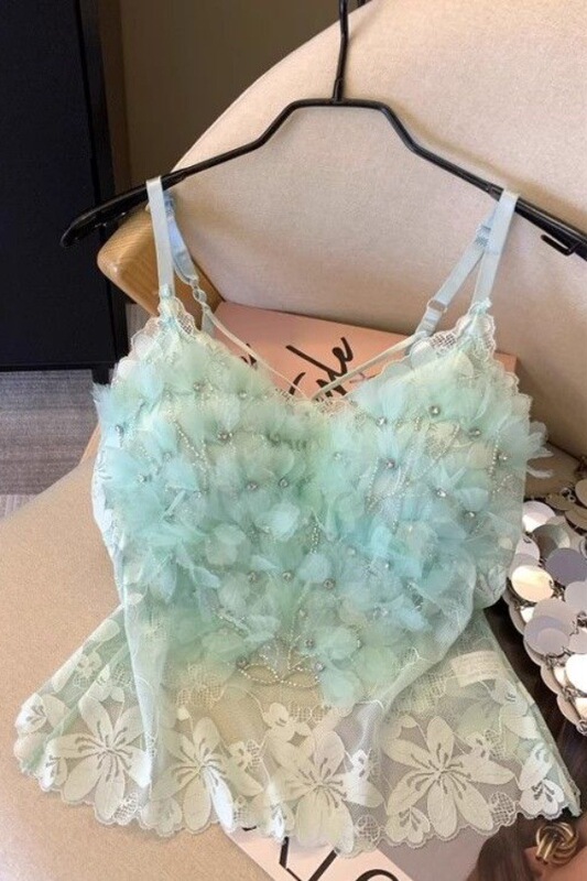 Mint Green Rhinestone Floral Lace Camisole for Women, Summer Dopamine Sweet and Spicy Mesh Crop Top with Chest Pads Mint Green Rhinestone Floral Lace Camisole for Women, Summer Dopamine Sweet and Spicy Mesh Crop Top with Chest Pads