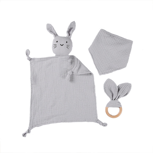 Amazon Baby Pure Cotton Gauze Animal Soothing Towel and Bib Set with Beech Wood Rabbit Ear Teether - 3-Piece Set