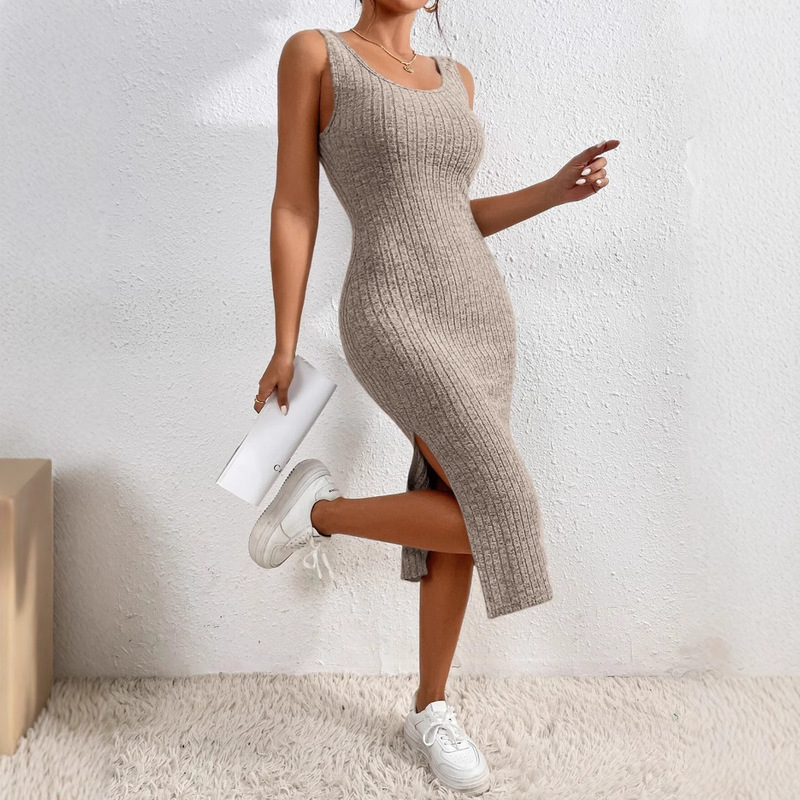 2024 European and American New Independent Station Amazon Hot French Square Neck Side Slit Rib Knitted Sleeveless dress 2024 European and American New Independent Station Amazon Hot French Square Neck Side Slit Rib Knitted Sleeveless dress