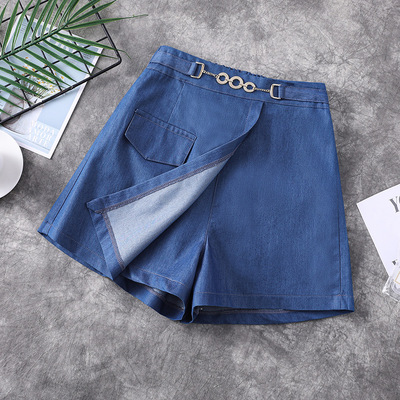 夏季薄款褲裙大碼微胖mm高腰天絲短褲女四分軟牛仔褲寬松闊腿裙褲