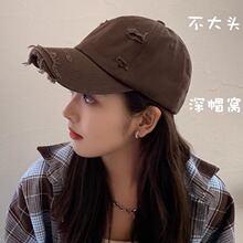咖色棒球帽女深顶大头围春夏宽帽檐显脸小破洞软顶鸭舌帽2024新款