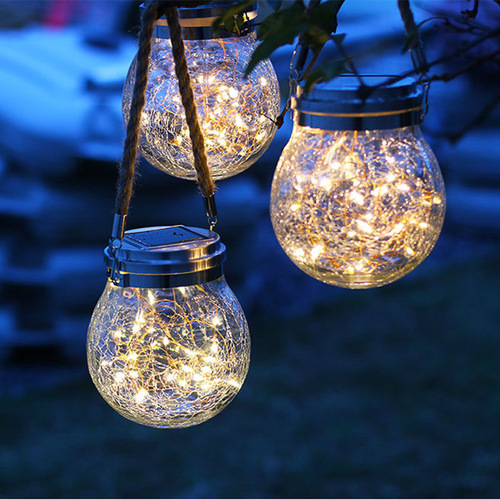 New Solar Cracked Glass Lamp with Copper Wires, Mason Jar Edge Cover, Garden and Courtyard Decor, Cracked Glass Pendant Lamp