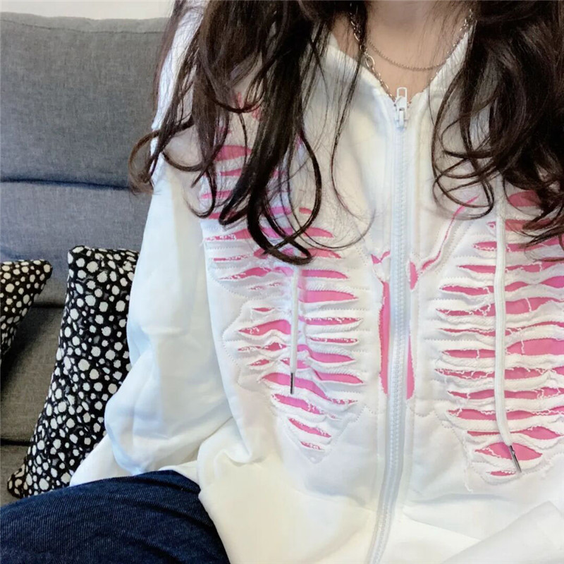 Fish Scale Falling Shoulder Strip Broken Butterfly Hooded Cardigan Sweatshirt