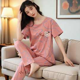 睡衣女春秋夏棉质短袖长裤套装韩版女士学生卡通大码可外穿家居服