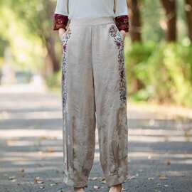 缎面提花哈伦裤女2026秋季新款新中式裤子纯色民族风刺绣休闲裤女