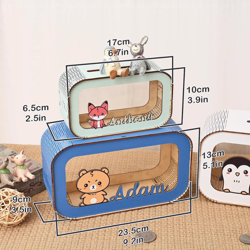 Personalizado lindo depósito de dinero pequeño animal de energía lata de moneda, caja de dinero de madera caja de regalo para niños