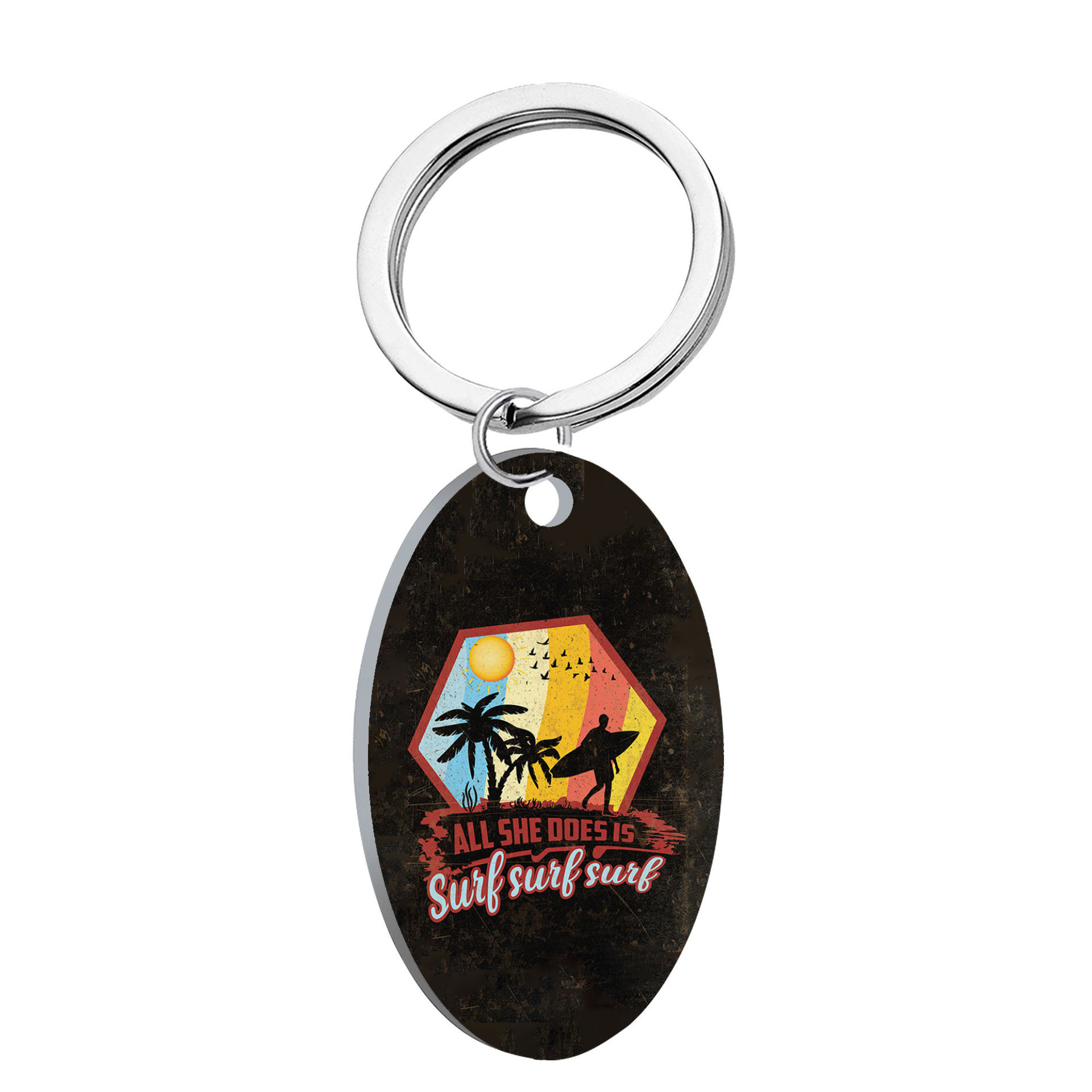 Amazon transfronteriza de acero inoxidable surf vintage teléfono móvil colgante llavero oval letras accesorios imagen impresa al por mayor