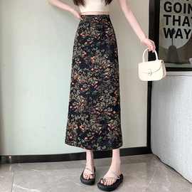 复古碎花半身裙女夏季高腰遮跨显瘦开叉中长裙梨形身材垂感包臂裙