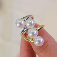 S925银8-9mm淡水珍珠戒指配件时尚双珠开口戒圈不限指围裸珠戒托