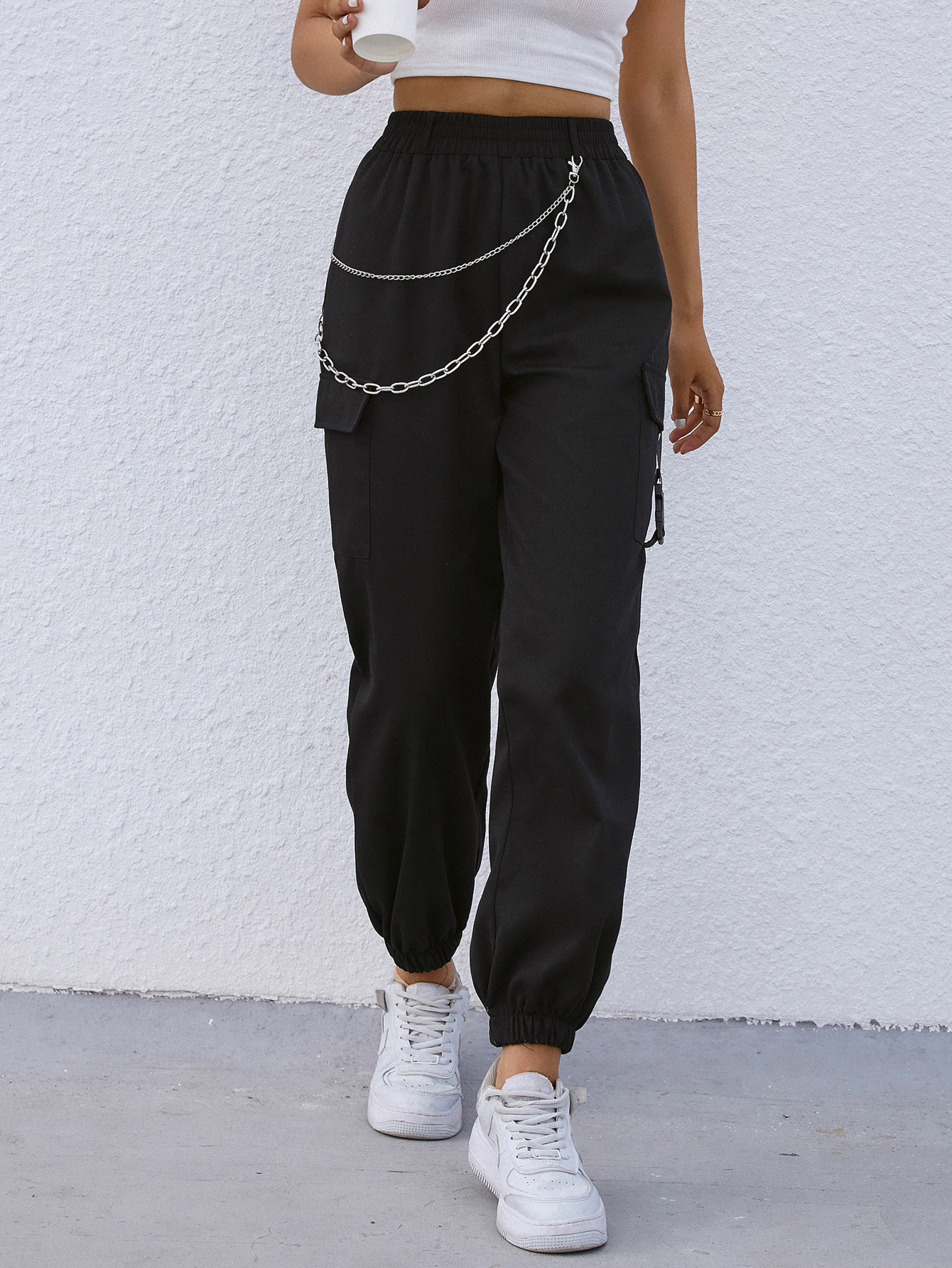 Chain Decor Loose High-Waisted Trousers NSJM113891