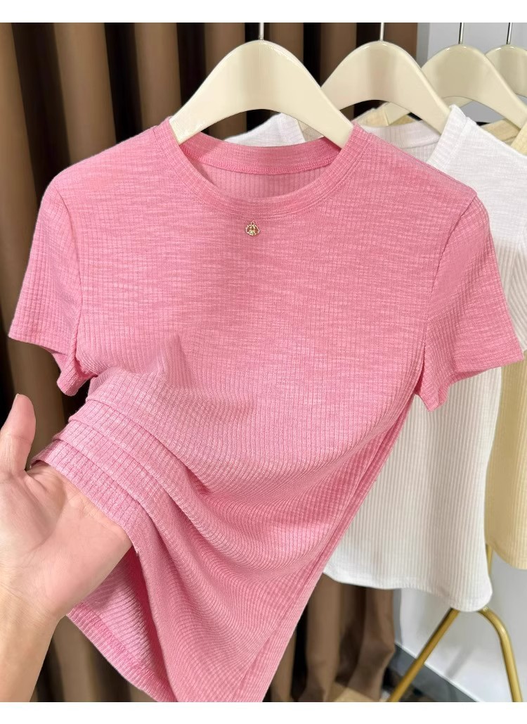 Women's Pink Ribbed Short Sleeve T-shirt Lightweight Basic Top_voghion.com
