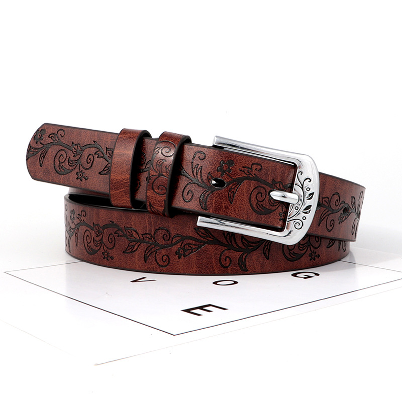 Cinturón Grabado Estilo Étnico para Mujer de Cuero PU con Hebilla de Aguja para Jeans