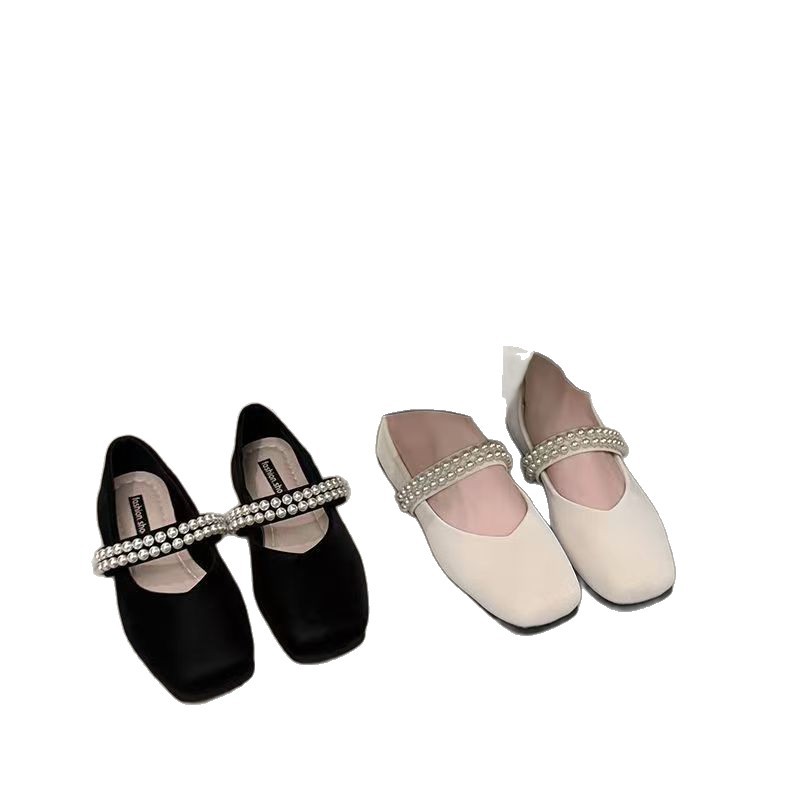 Nicho negro plano con falda de cabeza cuadrada simple zapatos de verano 2026 nuevos zapatos de perla suave Mary Jane