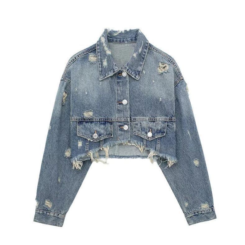 Women's Clothing Retro Collared Long Sleeved Denim Jacket Distressed Details Trendy Short Top For Autumn_voghion.com