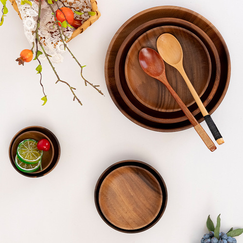 Acacia wood fruit plate round dish dipped sauce tray fruit wood hotel wooden fruit plate snack plate manufacturer wholesale