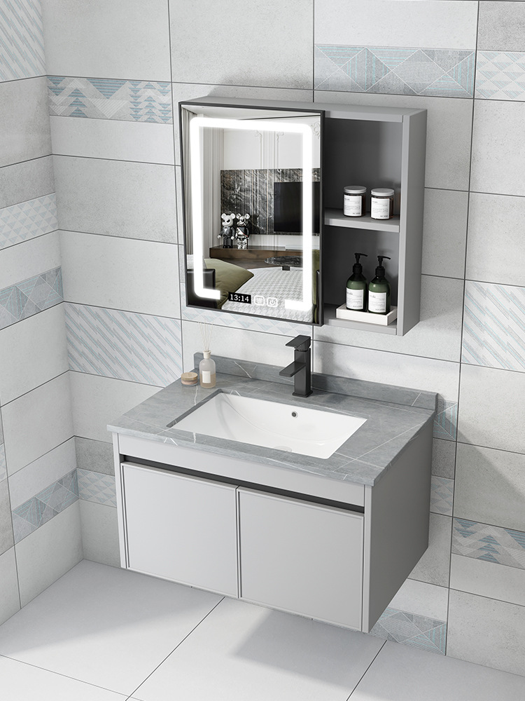 Mueble de baño de aluminio de espacio de baño de cerámica montado en la pared lavabo espejo gabinete combinación traje