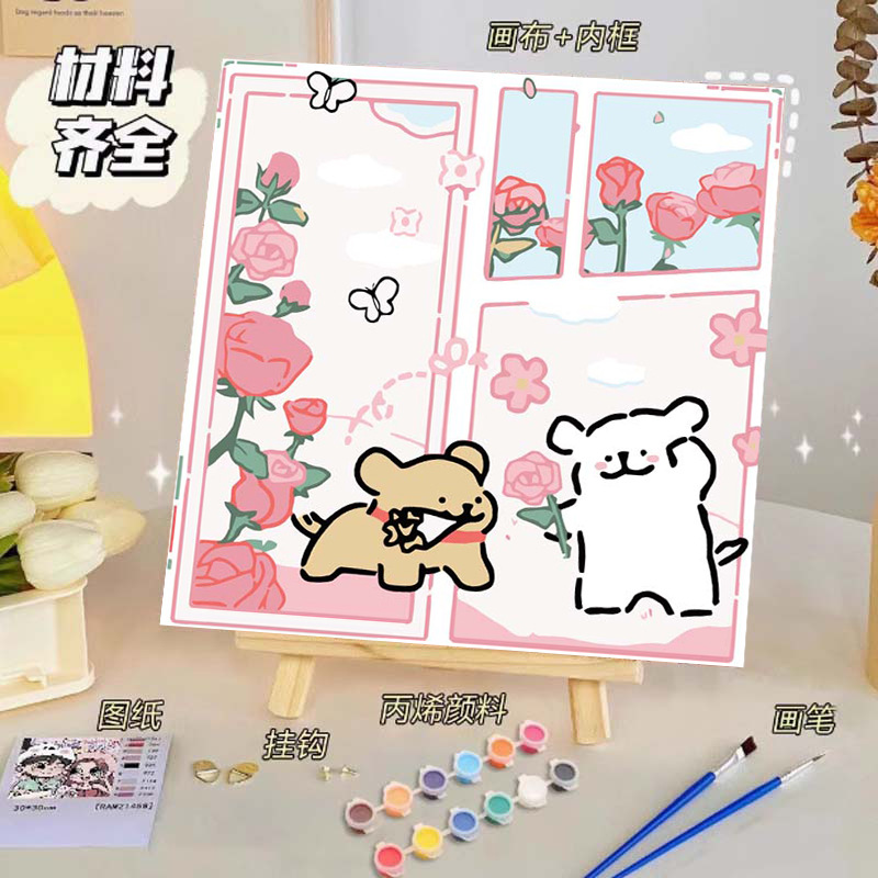 Pintura al óleo digital de bricolaje, dibujos animados para niños, pinturas para colorear hechas a mano, lindos puestos de animación curativos, comercio exterior transfronterizo