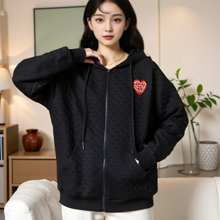 Deformation strategy chubby girl waffle hooded vests 2024 autumn plus size women's new zipper cardigan jacket coat