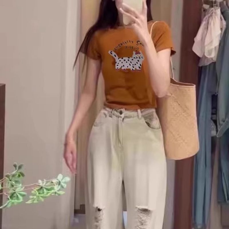 2025新款泰式多巴胺橘色印花正肩短袖T恤女夏季穿搭圆领体恤上衣|undefined
