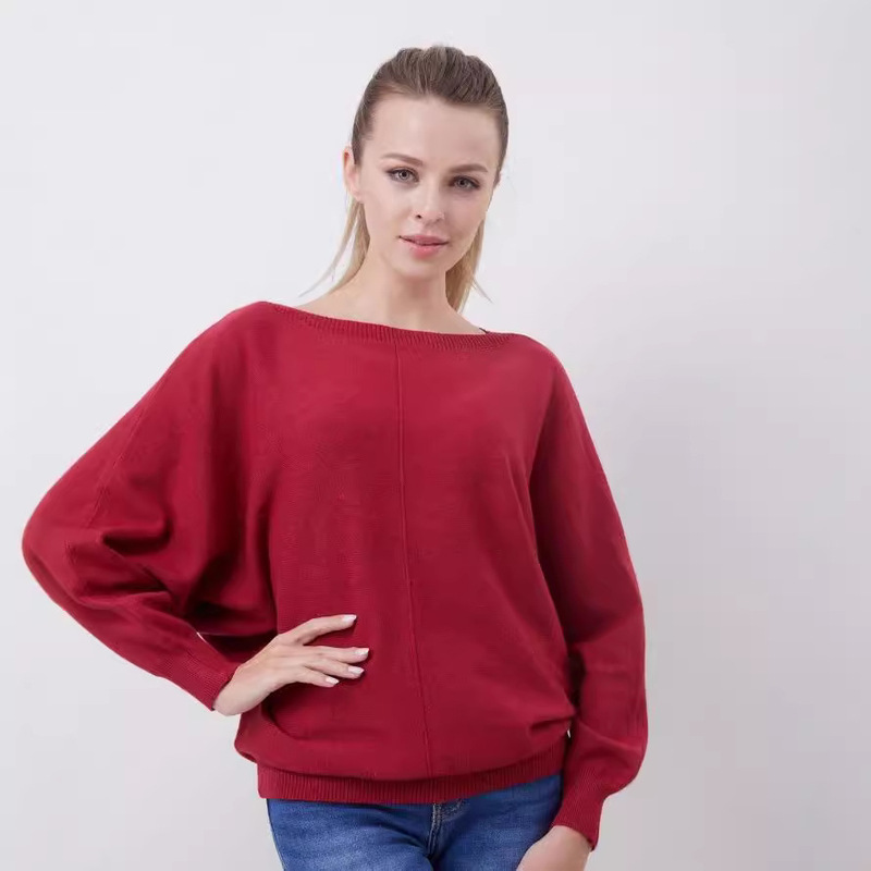 2021 Amazon popular autumn and winter women's knitwear boat collar batwing shirt European and American plus size loose sweater cross-border exclusive