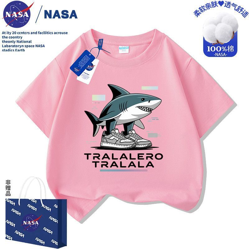 NASA 山海経 子供用 アメリカン半袖Tシャツ ウッドスティックマン 男女兼用 子供服 シューズ シャークプリント トップス|undefined