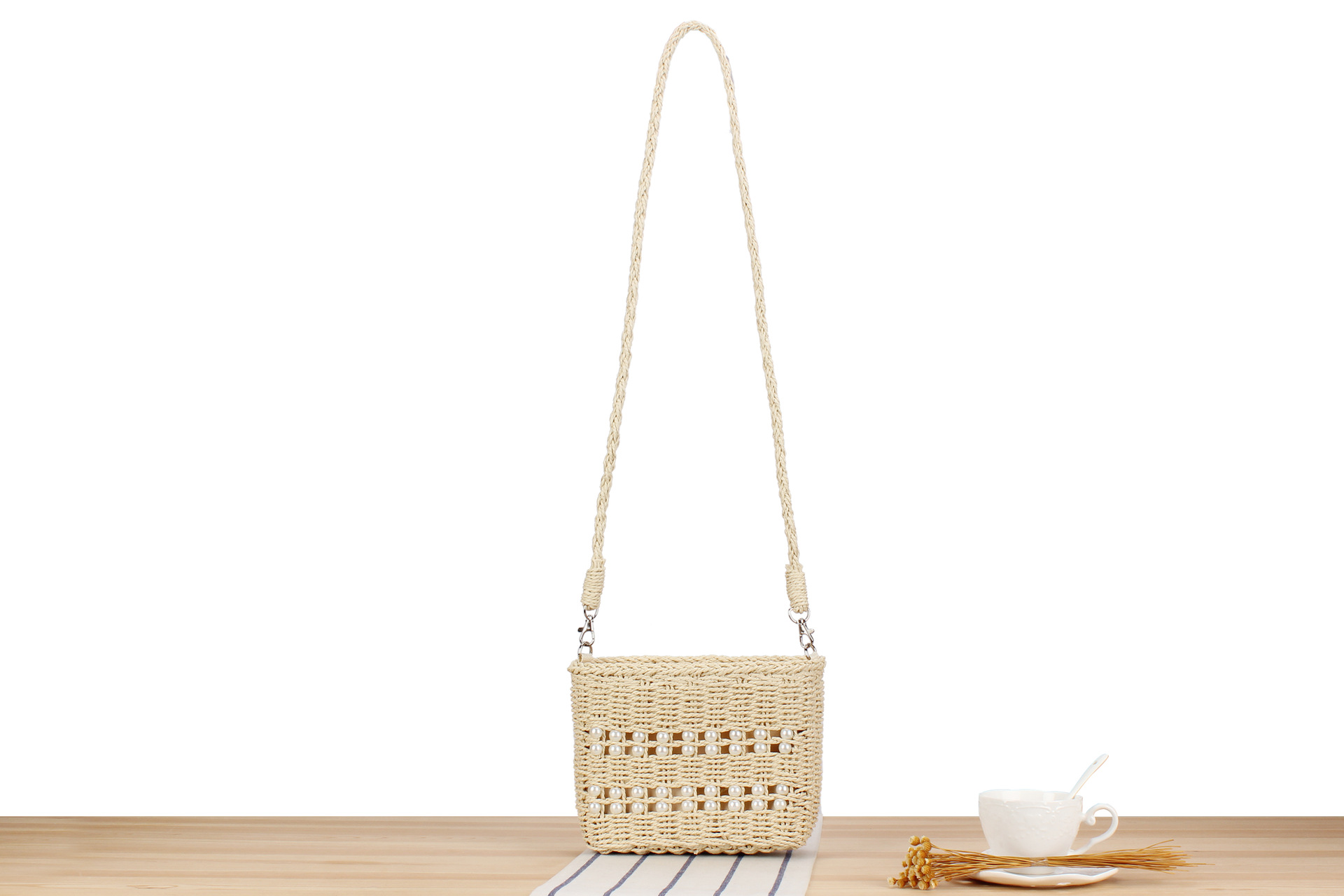 552g Weight Polyester Cotton Lining Material Pearls, Weave Fashion Element String Closure Type Single Shoulder Strap Strap Type Straw Bag Bags Type Holiday, Travel Occasion Paper string Material Solid Color Pattern Spring&Summer Season Women's Gender Vacation, Beach Style Medium Size Women's Vacation Beach Solid Color Paper String Shopping Bags 1