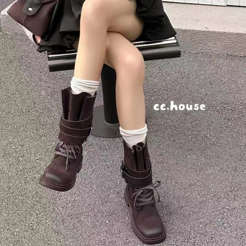 欧洲站2025新款真皮厚底皮带扣马丁靴女英伦风复古中筒机车靴短靴|undefined