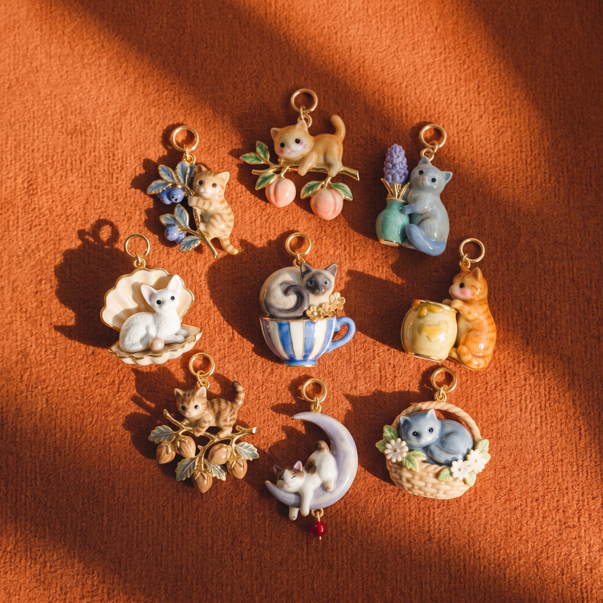 Vintage tea cup Siamese cat copper pendant blue and white striped cup white cat artistic niche accessory DIY necklace