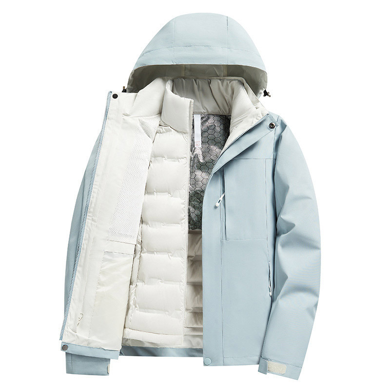 Plumón al aire libre tres en uno desmontable a prueba de viento impermeable viaje traje de montaña chaqueta para hombres y mujeres al aire libre image 1