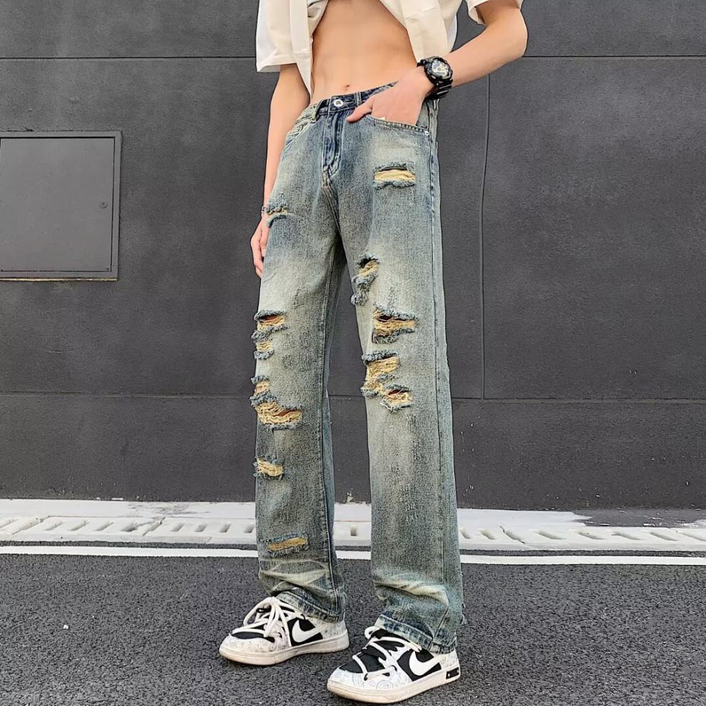 boy Ripped Jeans For Men, Trendy Brand, European And American Street Style Pants, Vintage High Street, Distressed Washed_viptrois.com