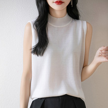 2025年春夏新款精纺羊毛半高圆领针织衫无袖纯色套头打底衫背心女