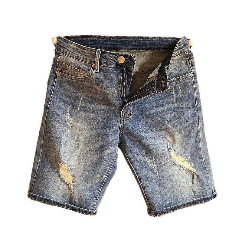 Verano marca de tendencia hombre jeans jeans de estilo coreano retro pantalones cortos rectos agujeros lavados con agua para hacer pantalones viejos