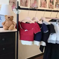 Французский ретро волновой камзол жилет женский с нагрудным ковриком Spice Girl тонкая бантик с короткими рукавами футболка топ из двух частей
